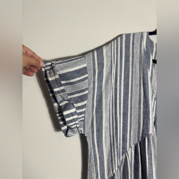 Cupio White & Blue Striped Linen V-Neck Dress | Roll-Tab Sleeves | Boho - Picture 3 of 4